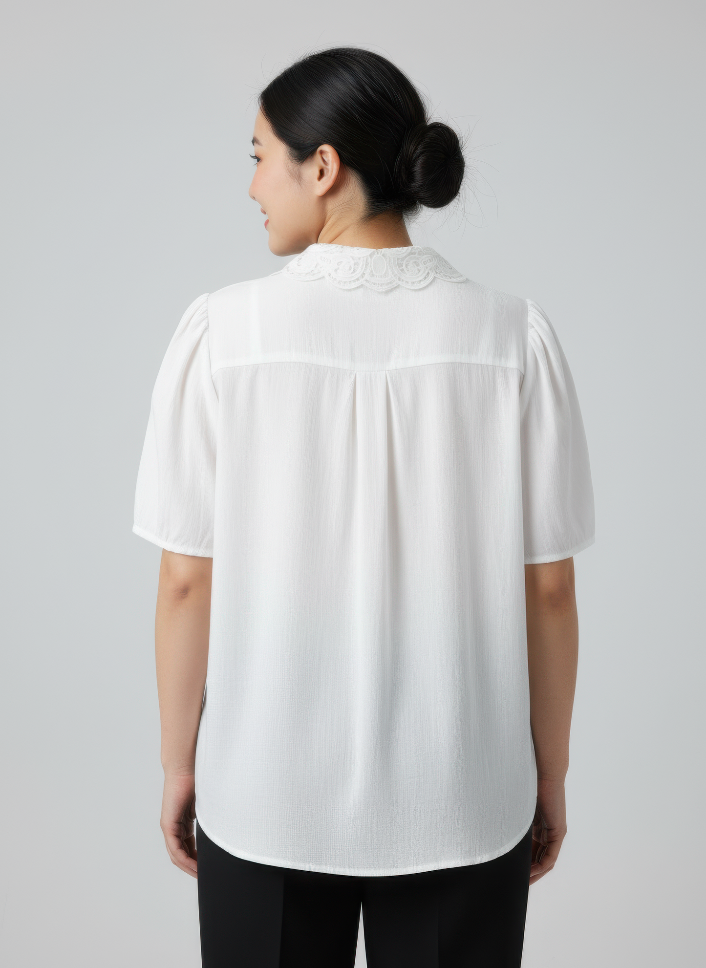 Lace Collar Button Detail Flutter Sleeve Top