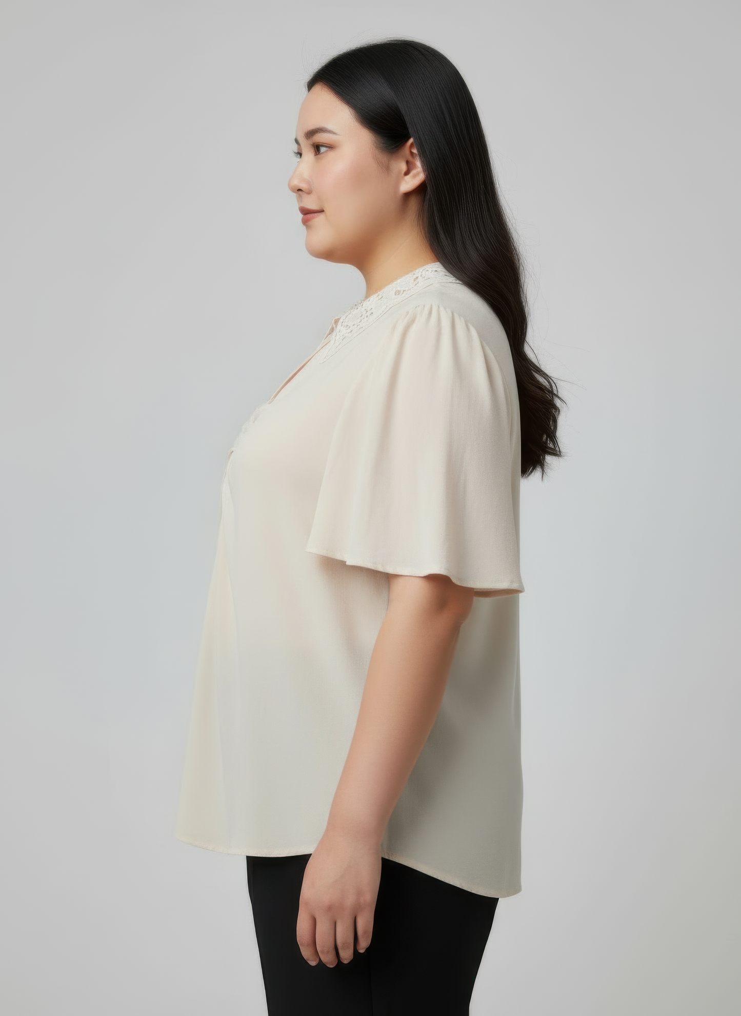 Lace Collar Button Detail Flutter Sleeve Top