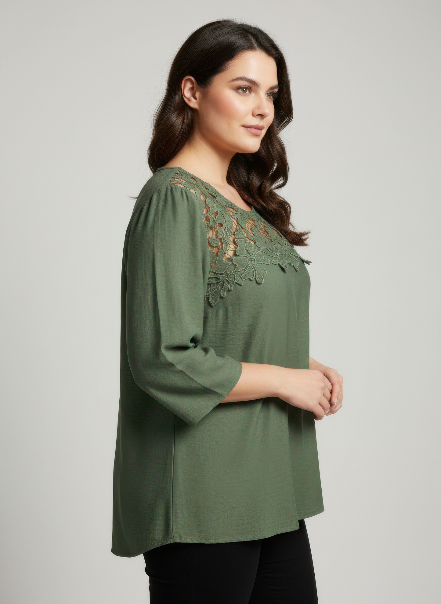Lace Yoke Three-quarter Sleeve Knit Top