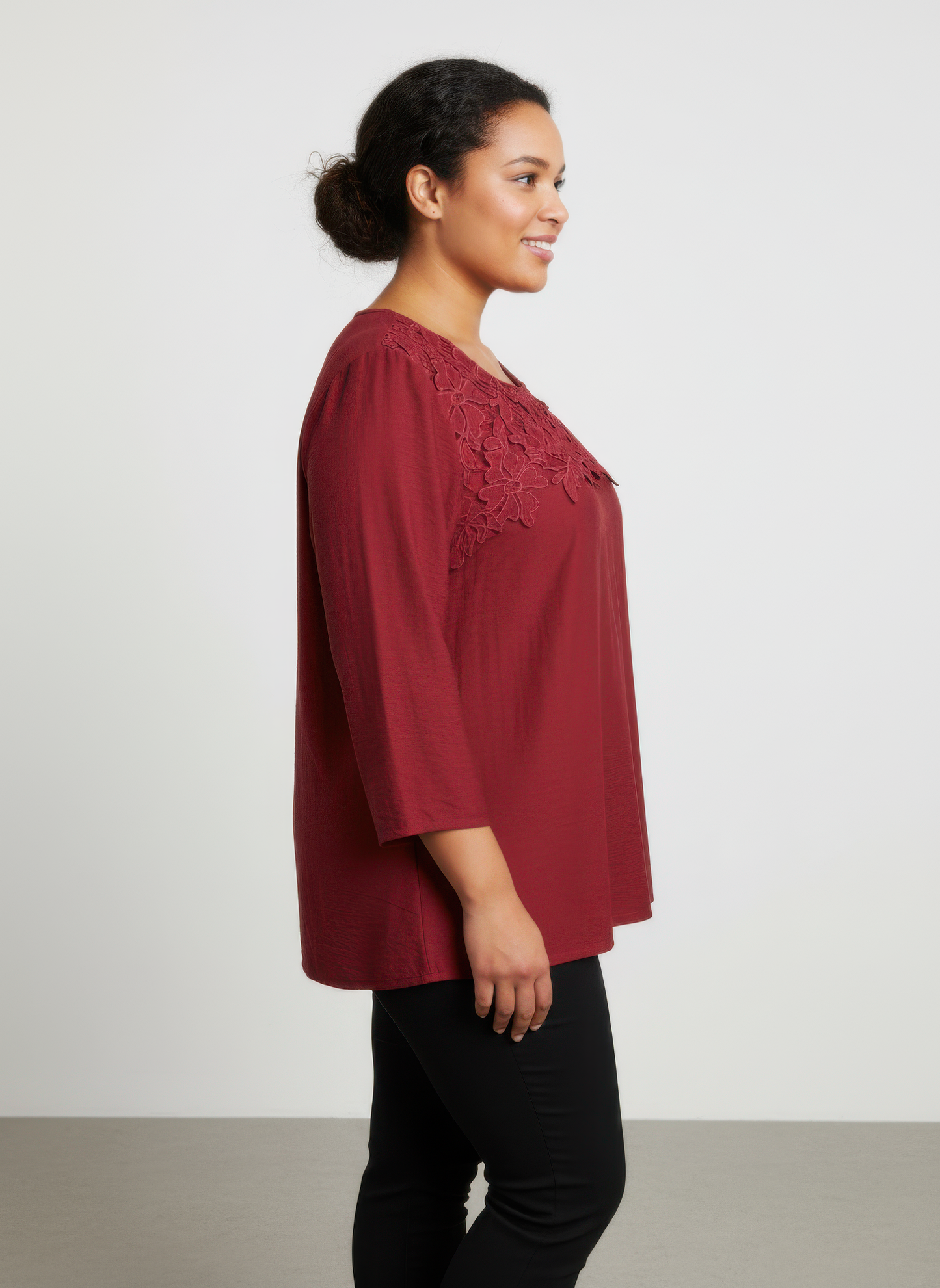 Lace Yoke Three-quarter Sleeve Knit Top