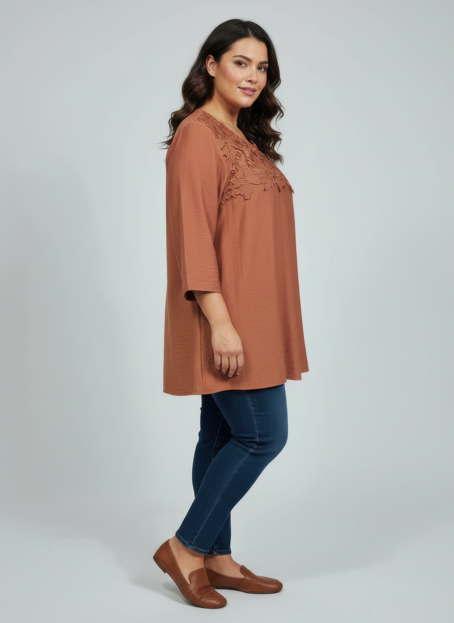 Lace Yoke Three-quarter Sleeve Knit Top