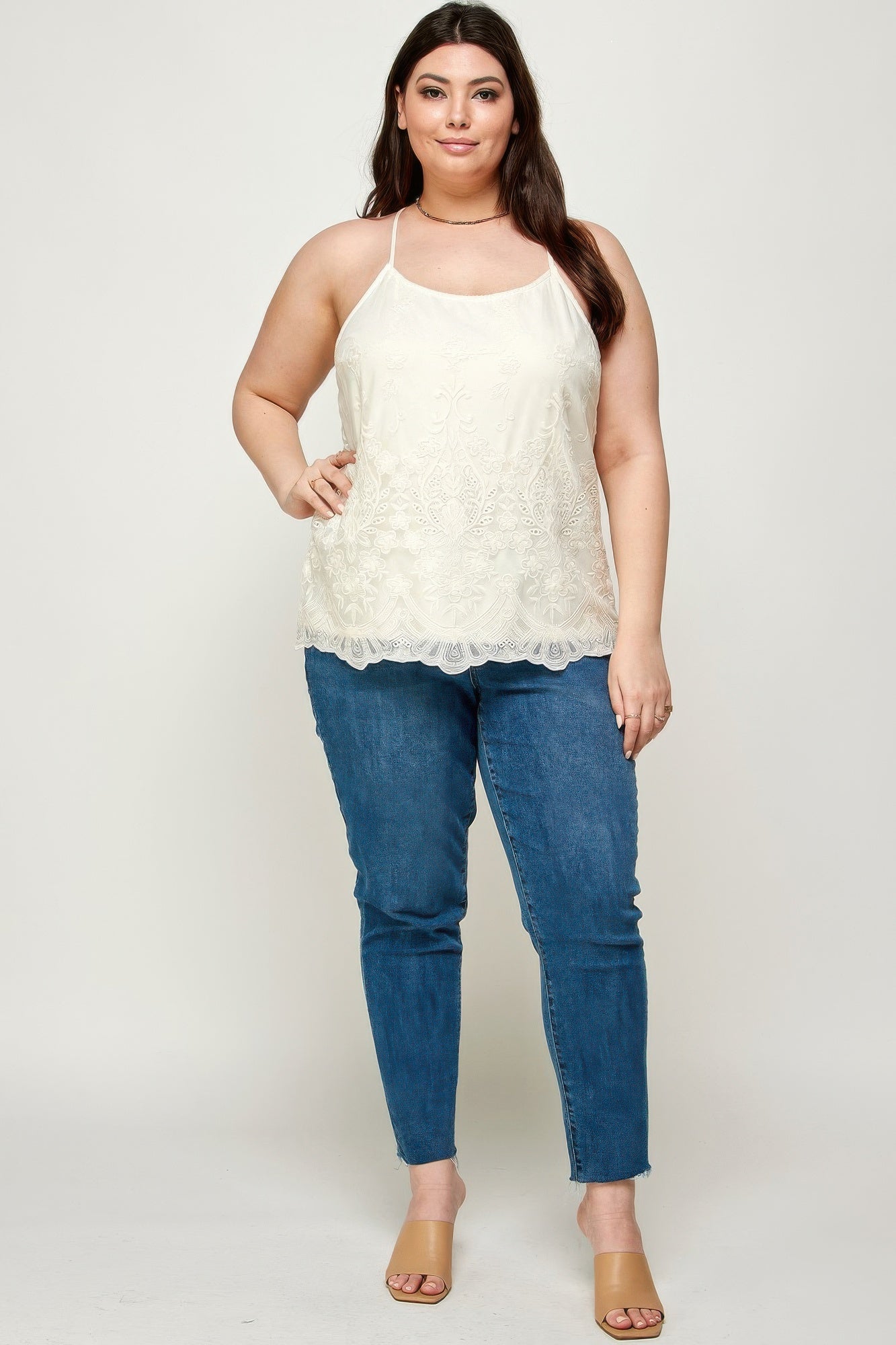 Plus Size Embroidered Mesh T-back Cami