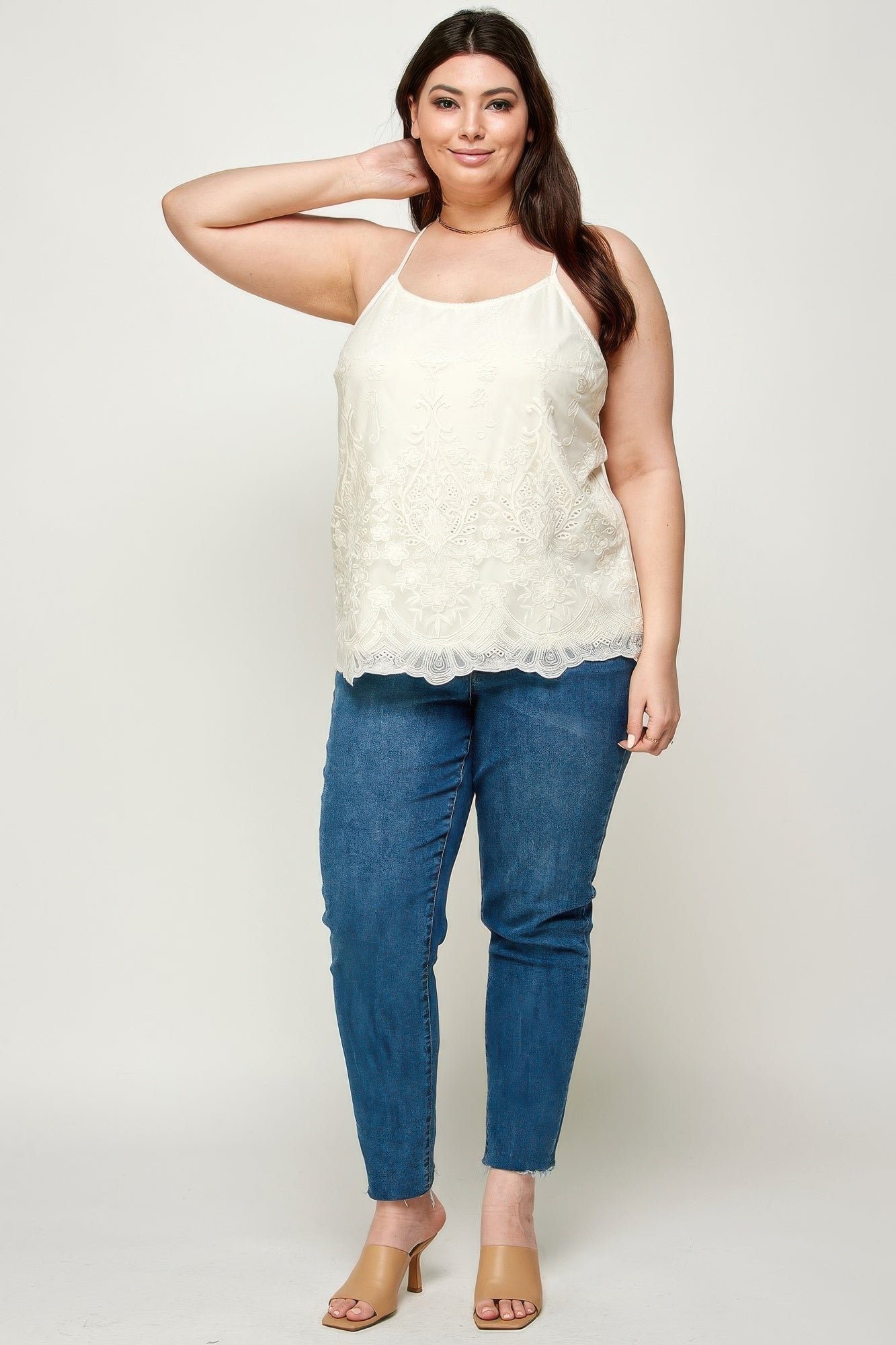 Plus Size Embroidered Mesh T-back Cami