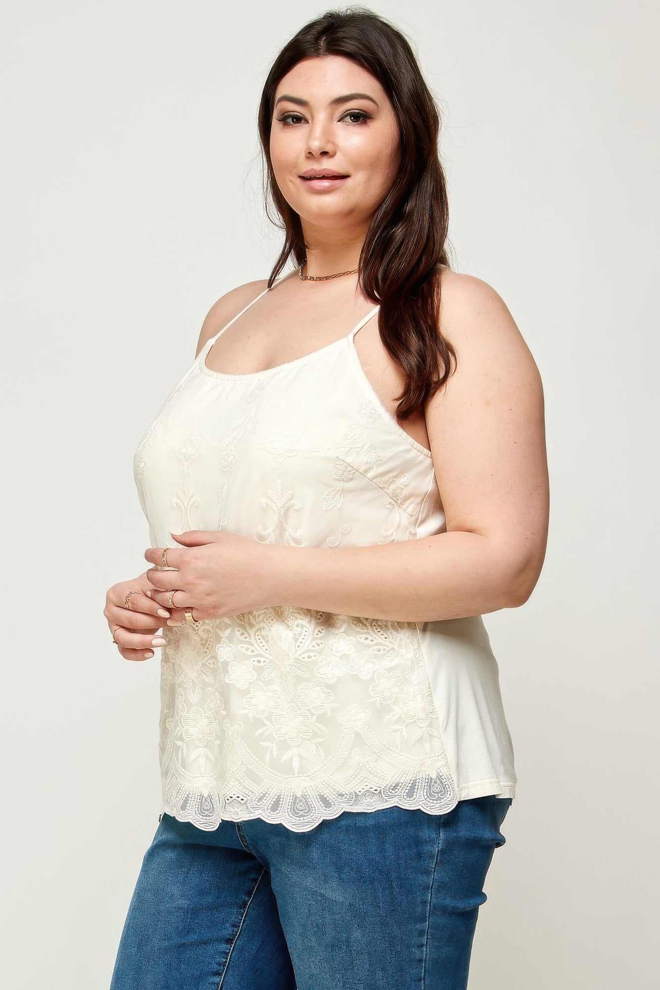 Plus Size Embroidered Mesh T-back Cami