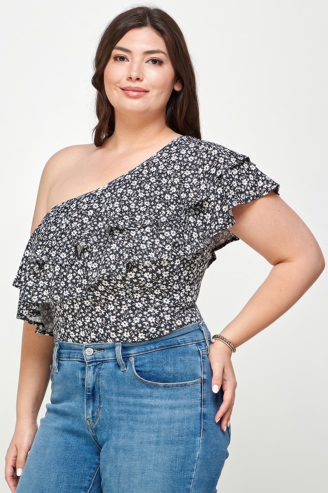 Plus Size Ditsy Floral One Shoulder Bodysuit