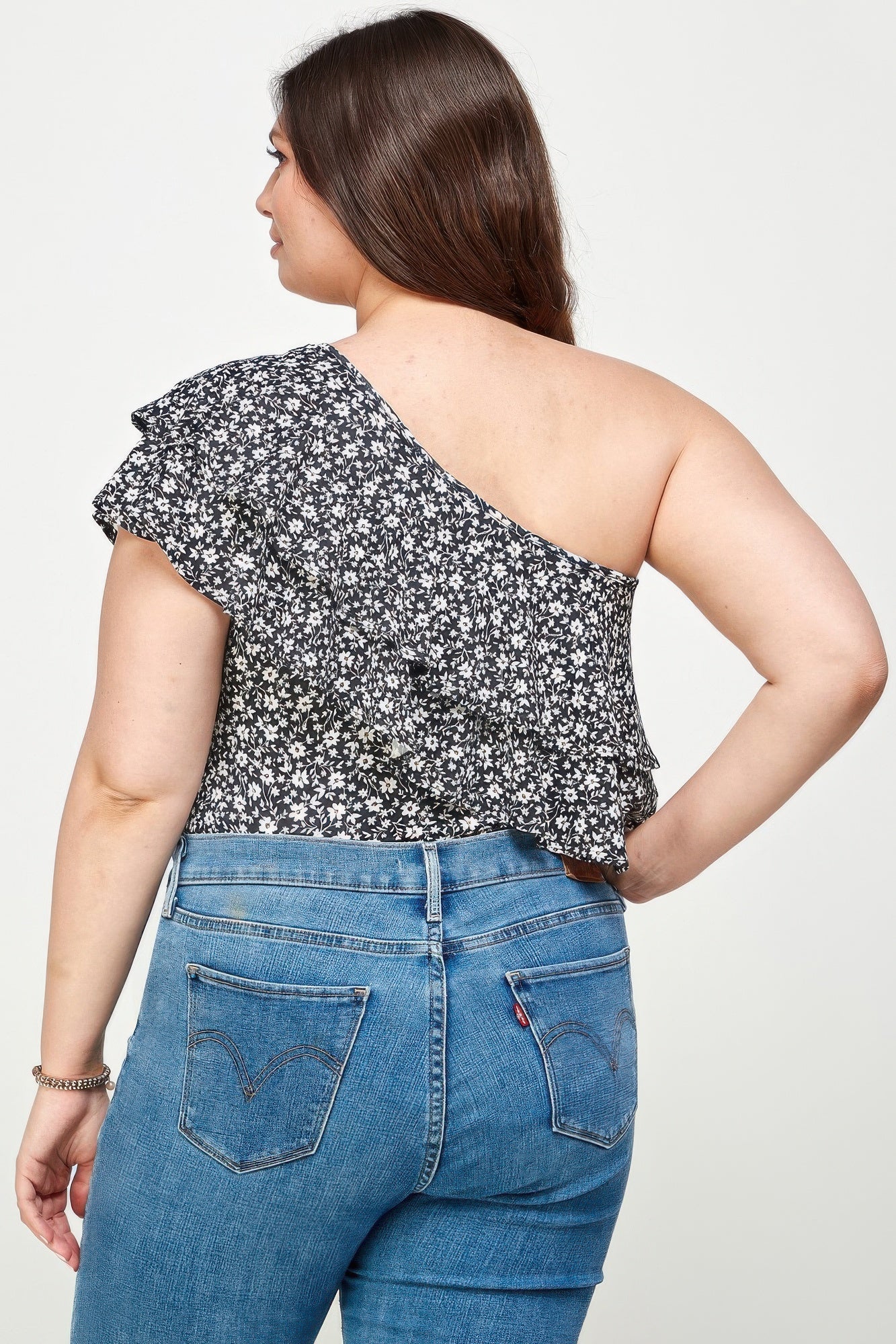 Plus Size Ditsy Floral One Shoulder Bodysuit