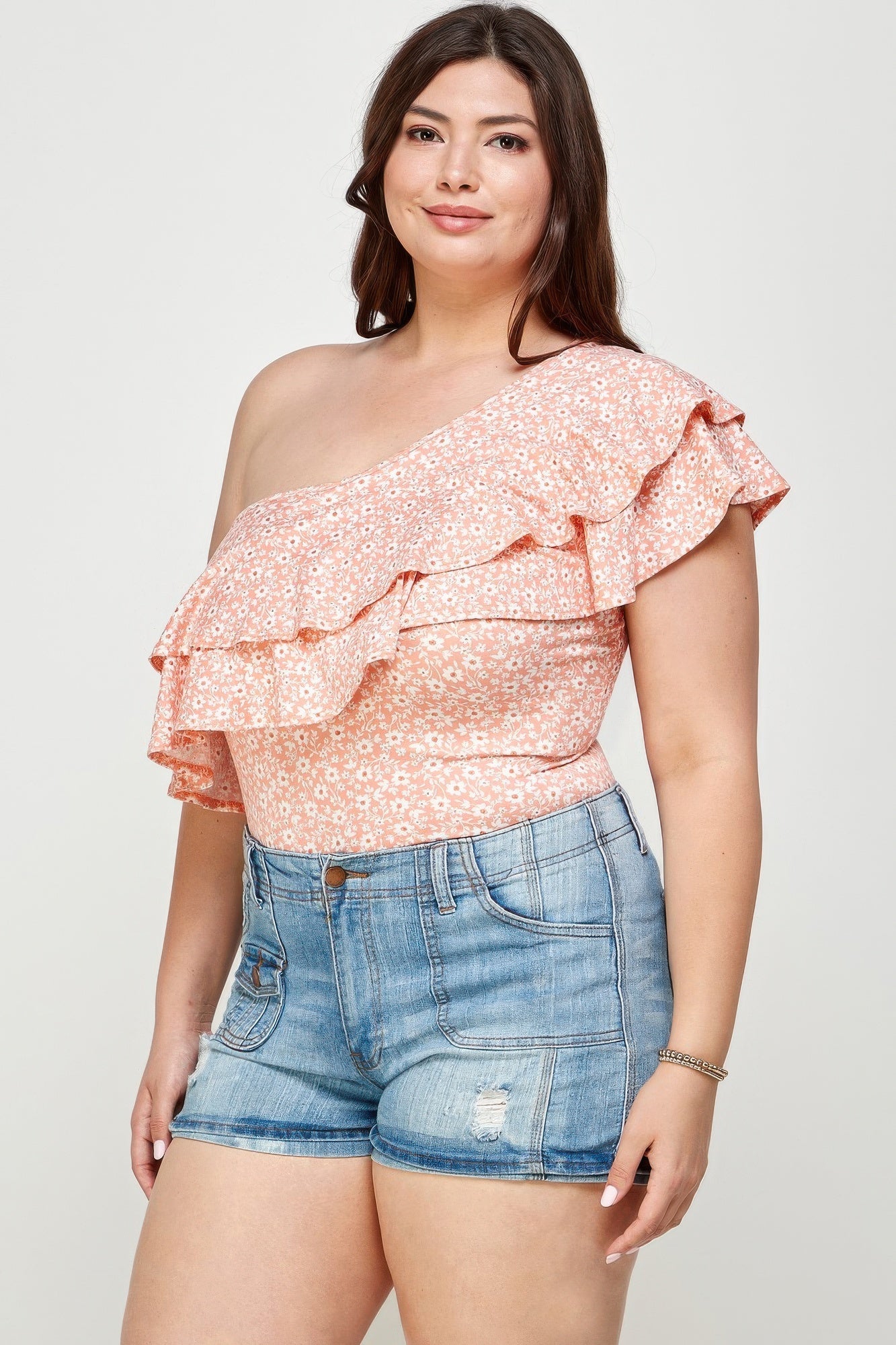 Plus Size Ditsy Floral One Shoulder Bodysuit