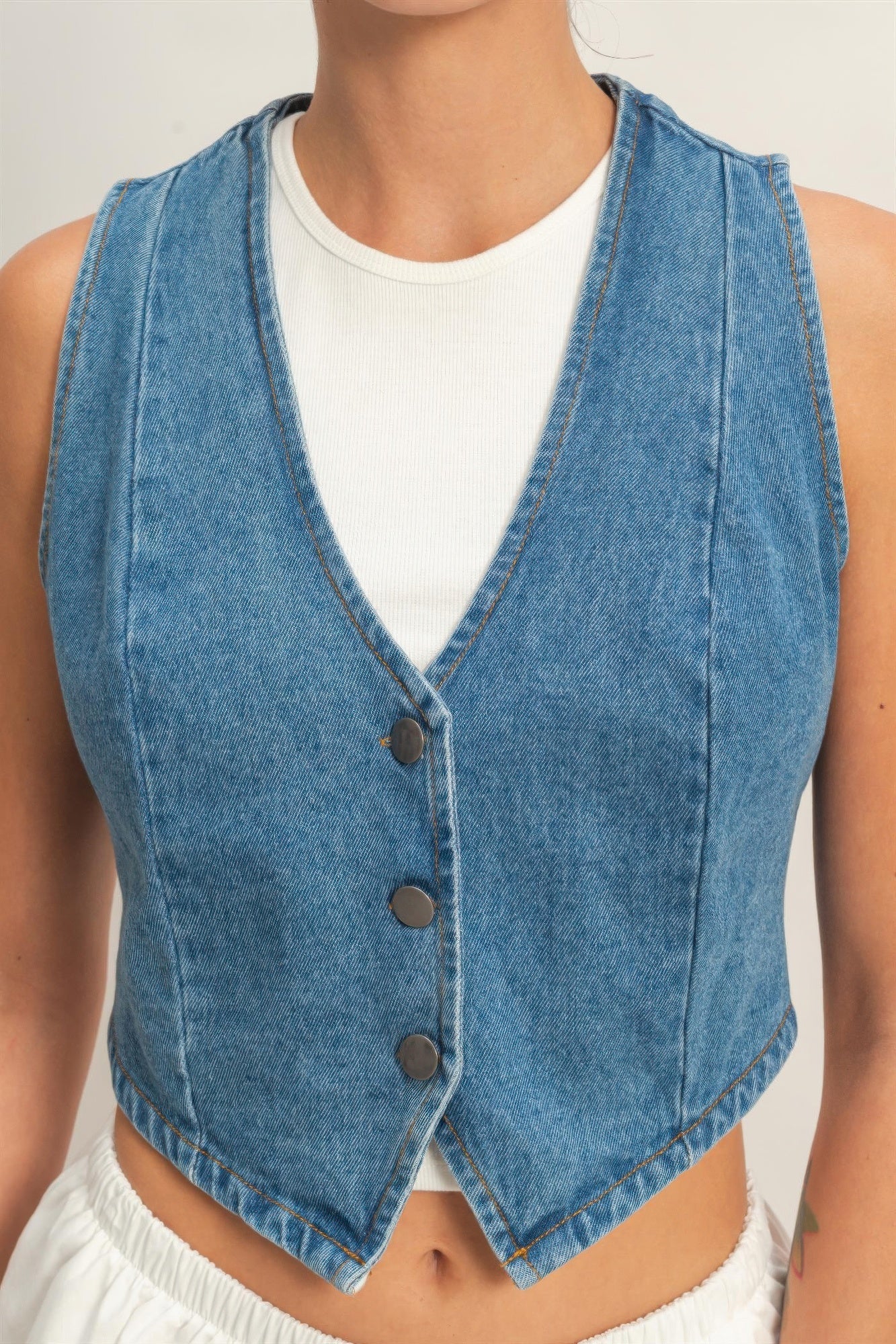 V-neck Sleeveless Denim Vest
