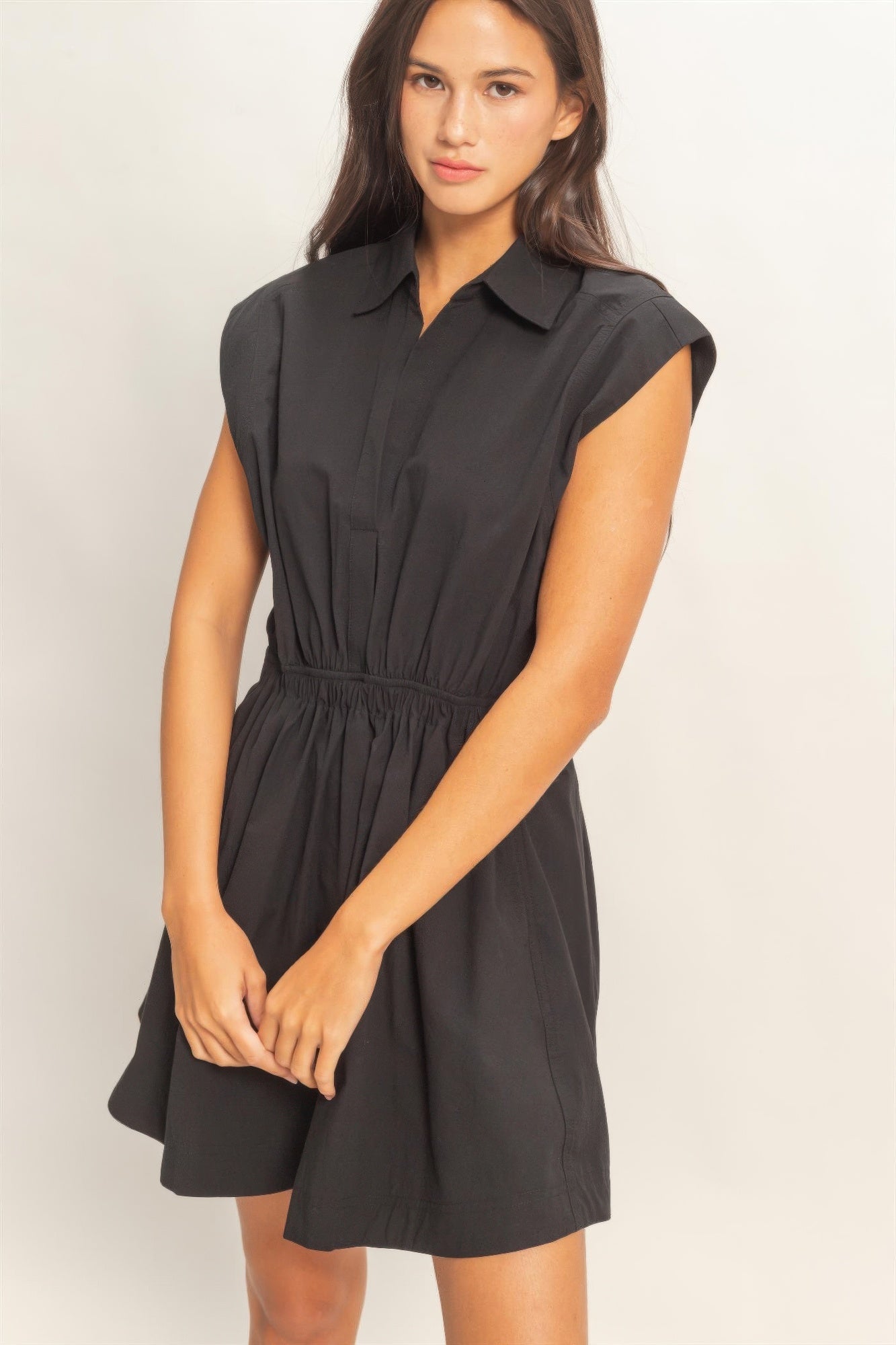 Sleeveless Collared Shirred Mini Dress