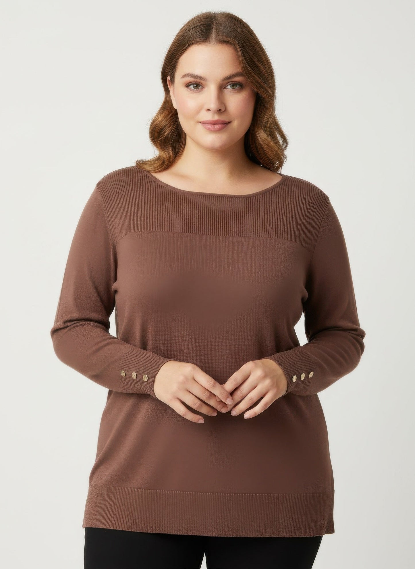 Mocha Button Cuff Ribbed Knit Tunic Top