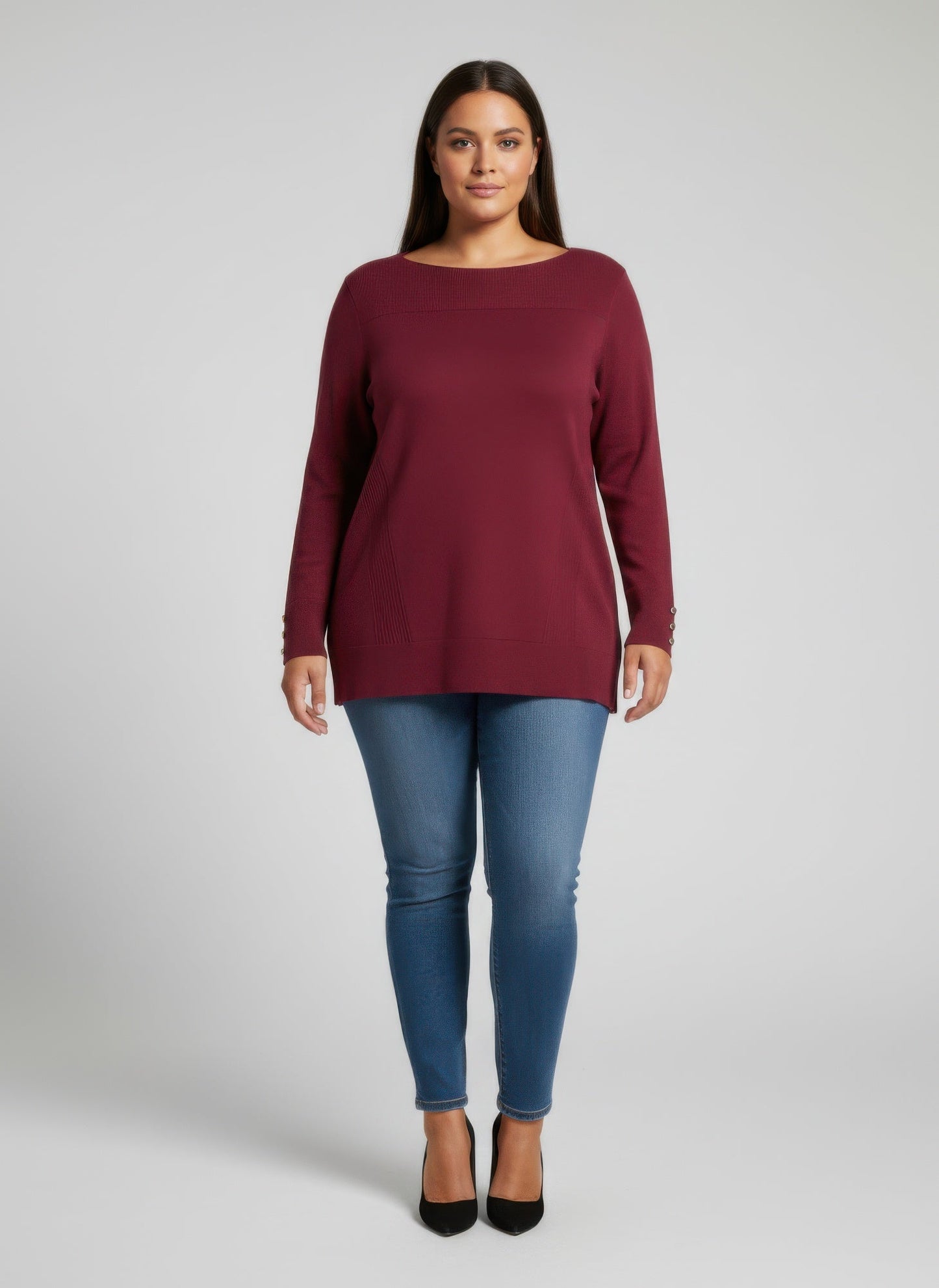 Mocha Button Cuff Ribbed Knit Tunic Top