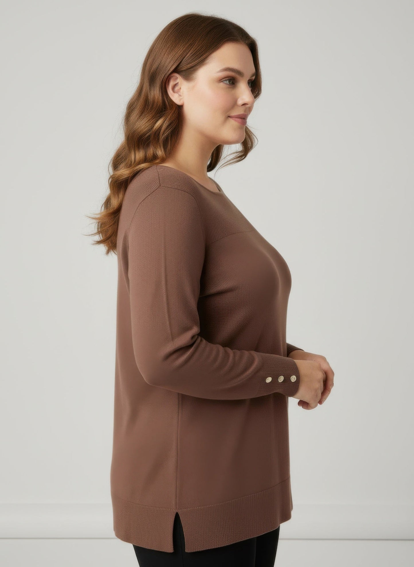 Mocha Button Cuff Ribbed Knit Tunic Top
