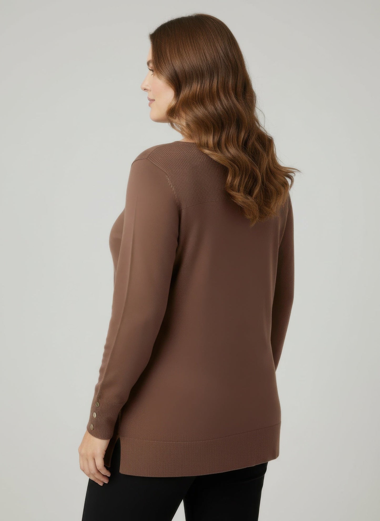 Mocha Button Cuff Ribbed Knit Tunic Top