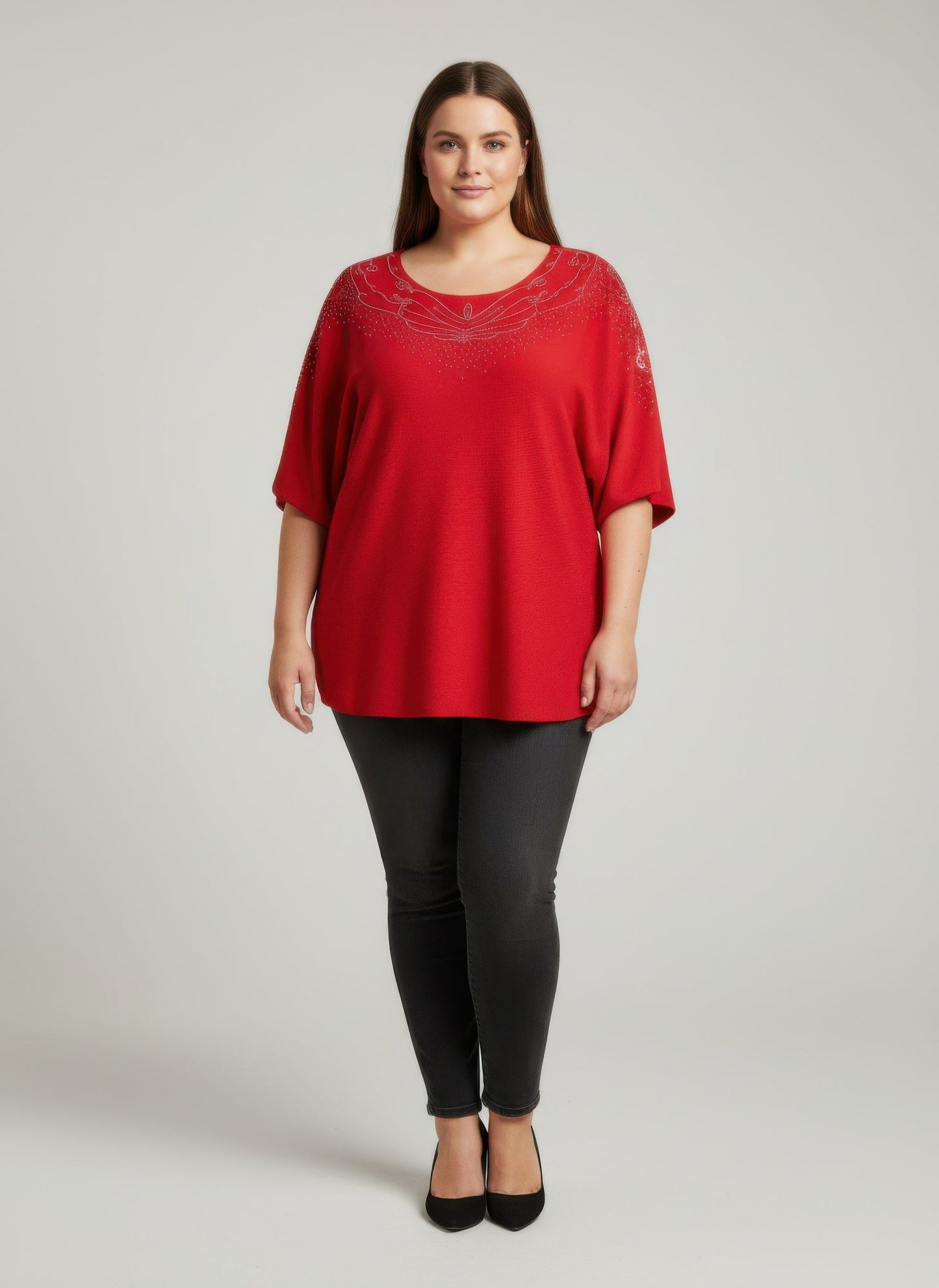 Scarlet Embellished Neckline Dolman Sleeve Tunic Top