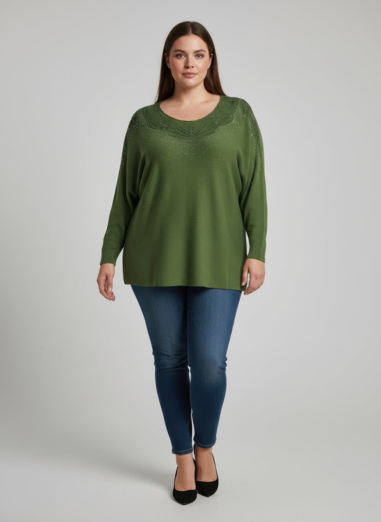 Scarlet Embellished Neckline Dolman Sleeve Tunic Top