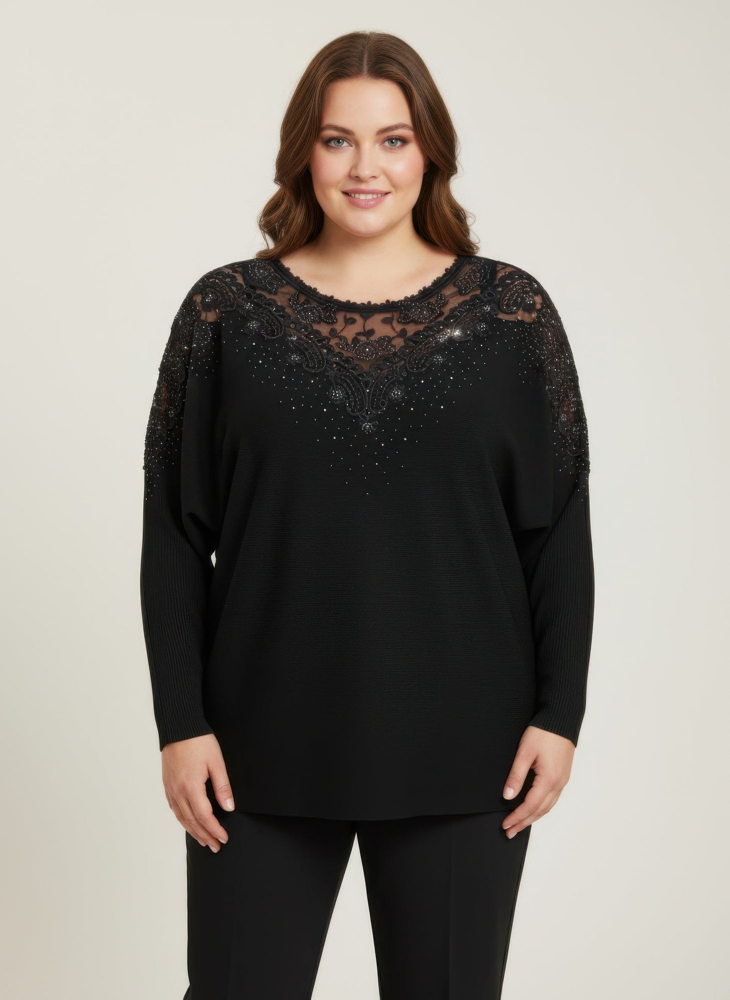 Crimson Lace Embellished Knit Tunic Top