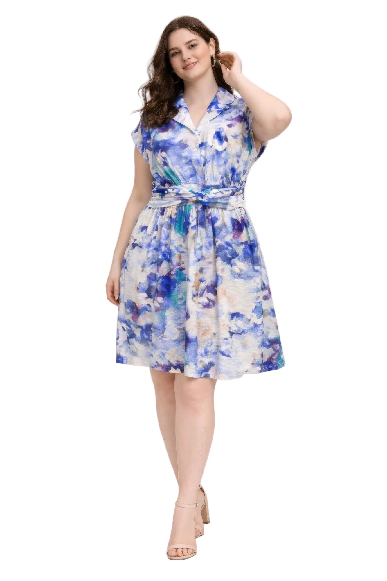 Plus Size Floral Waist Tie Shirt Dress