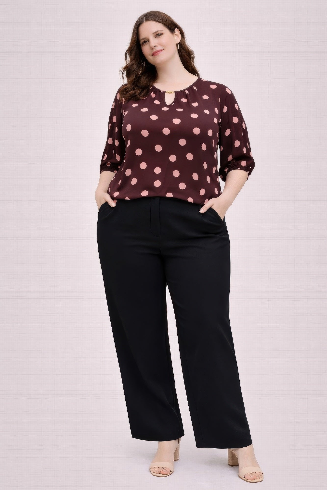 Polka Dot Split-neck Blouse With Puff Sleeves