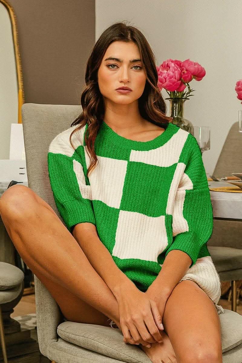 T-Shirts Trendsi just arrived - Chic Checkered Round Neck Sweater with Contrast