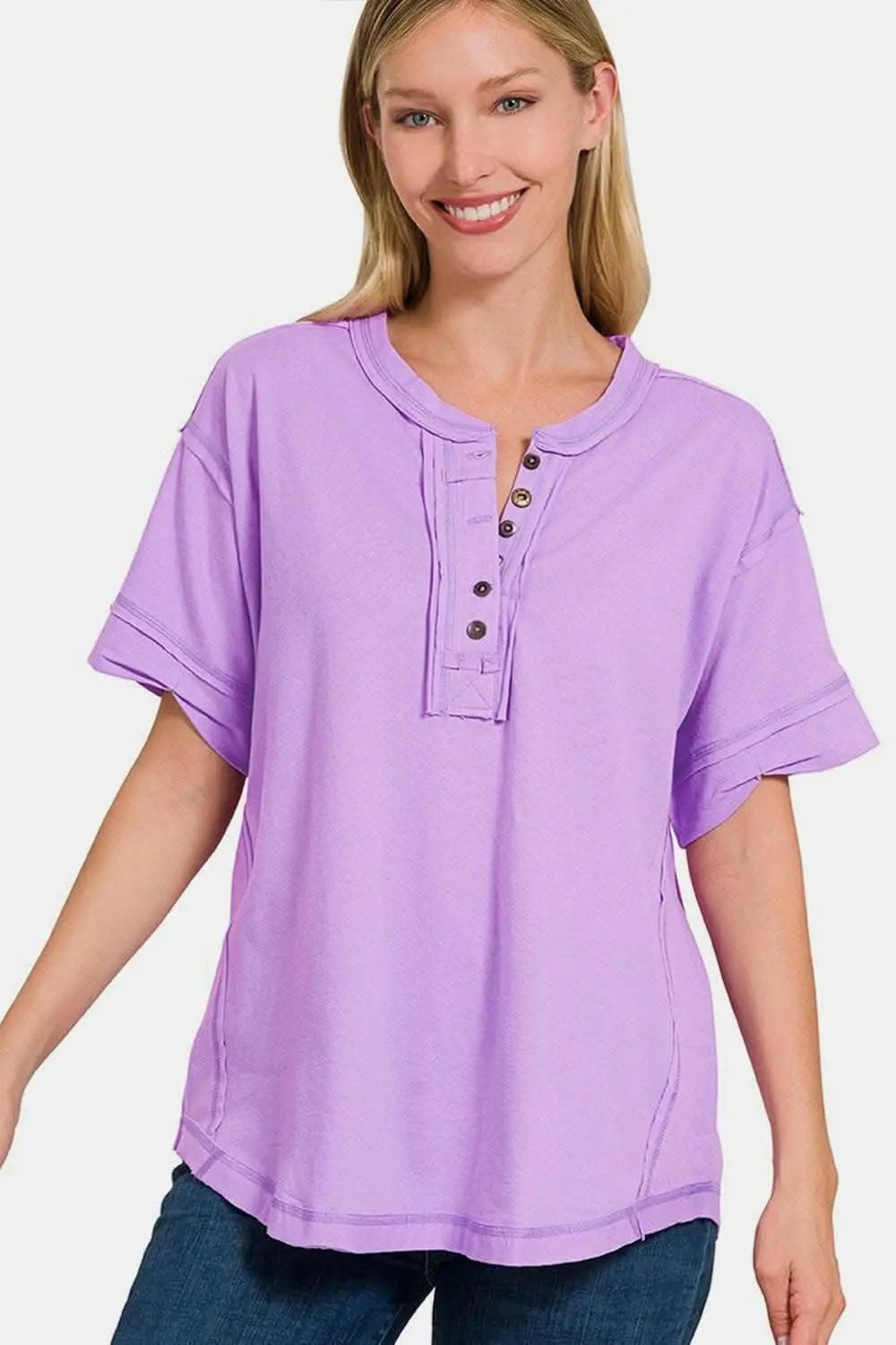 Accessories Trendsi Shorts - Chic Edge Exposed Seam Button-Up Tee