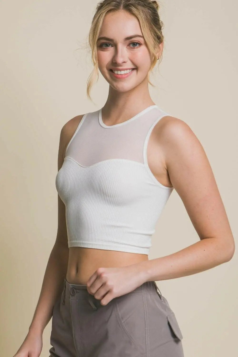 T-Shirts Trendsi just arrived - Chic Mesh Ribbed Love Tree Crop Top