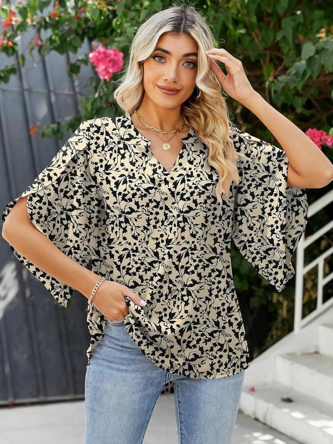 T-Shirts Trendsi Shirts - Chic Notched Sleeve Blouse - Premium Quality
