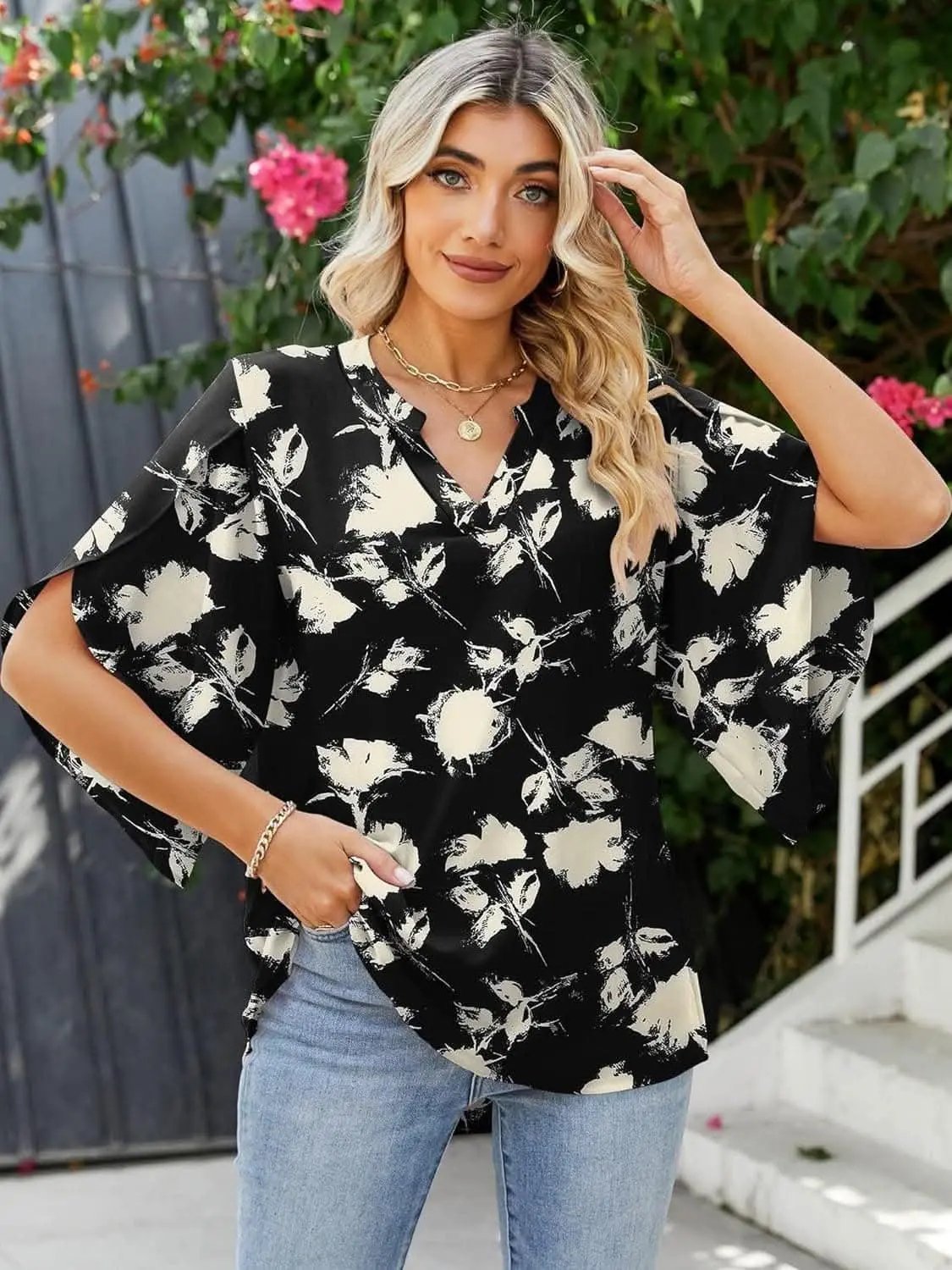 T-Shirts Trendsi Shirts - Chic Notched Sleeve Blouse - Premium Quality