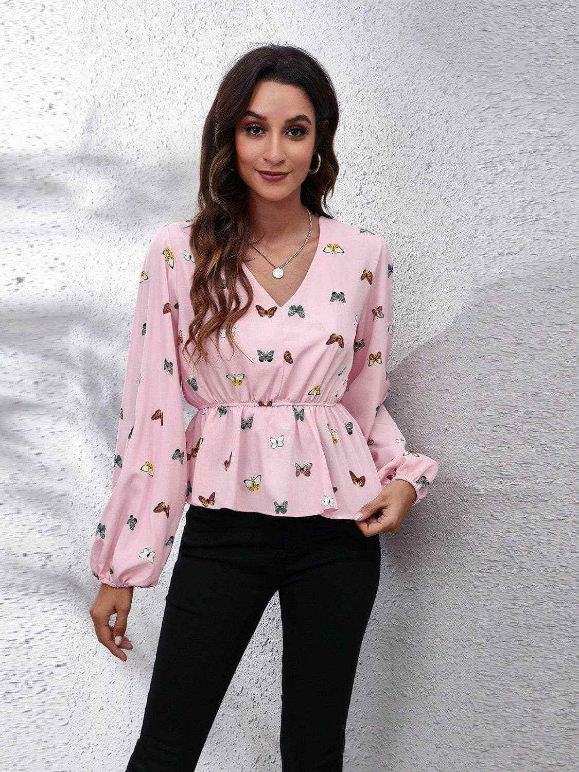 Trendsi Blush Pink Butterfly Peplum Blouse