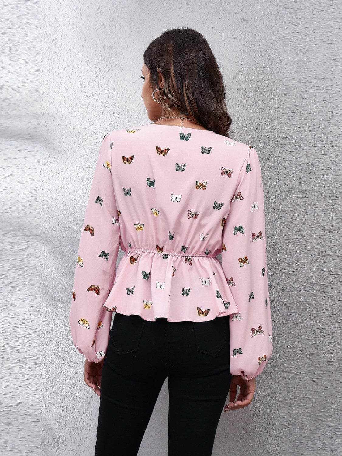 Trendsi Blush Pink Butterfly Peplum Blouse