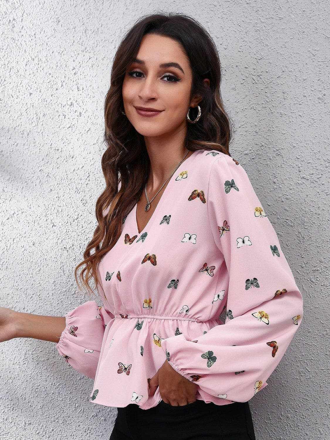 Trendsi Blush Pink Butterfly Peplum Blouse