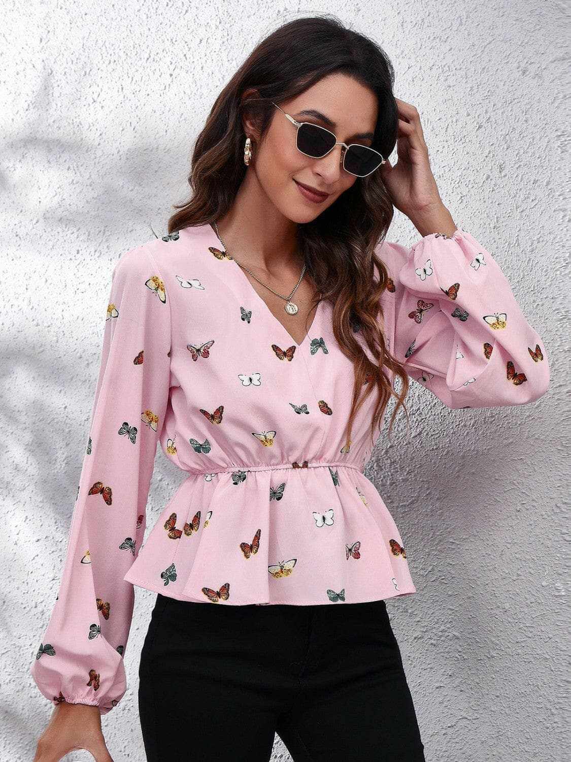 Trendsi Blush Pink Butterfly Peplum Blouse