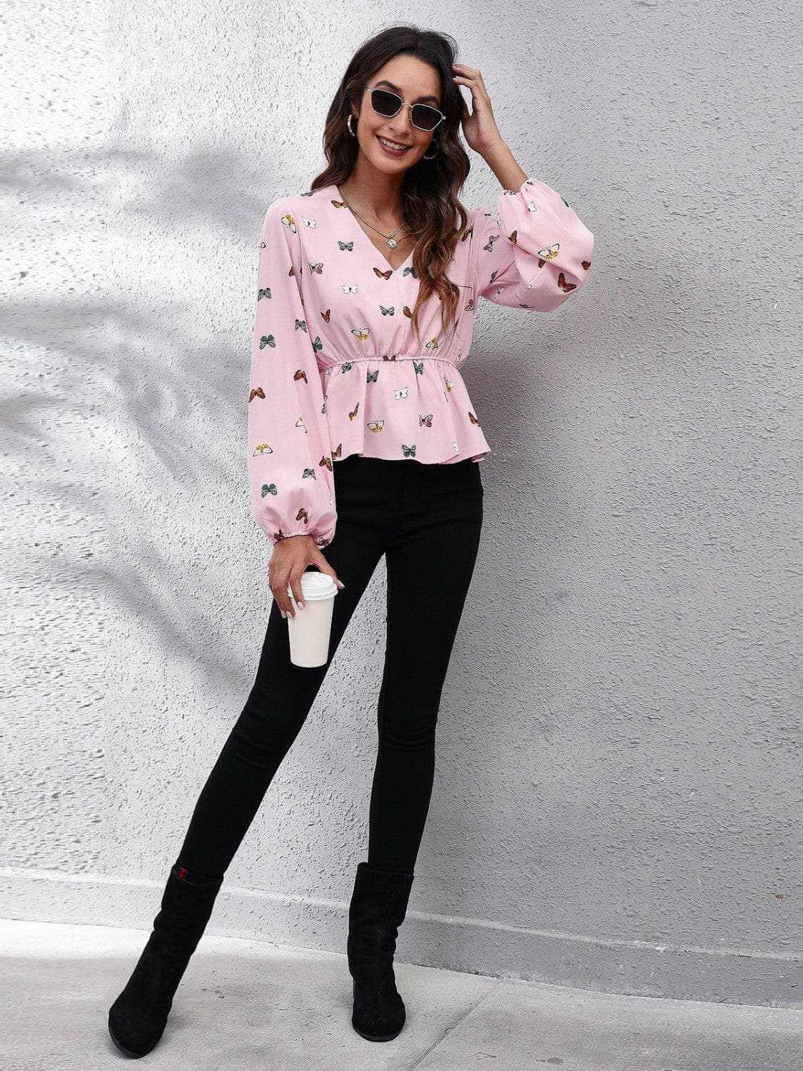 Trendsi Blush Pink Butterfly Peplum Blouse