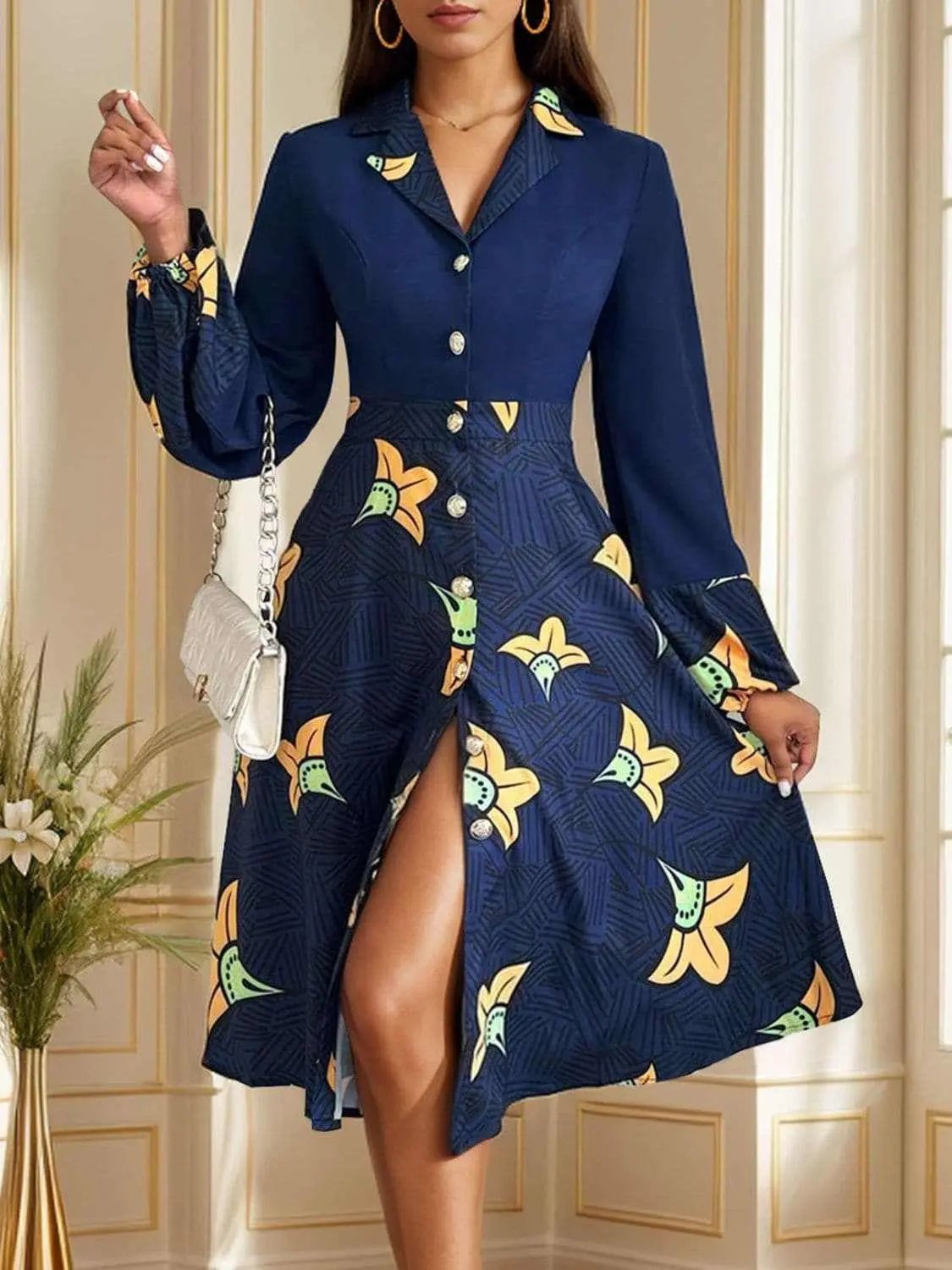 Collared Long Sleeve Dress by Trendsi - Dark Blue