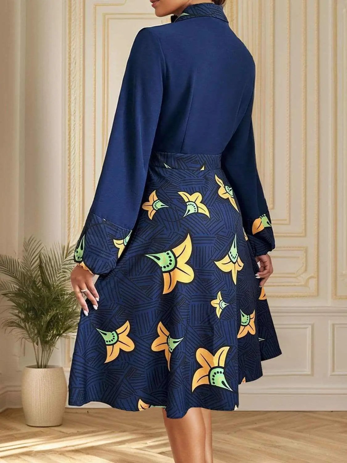 Collared Long Sleeve Dress by Trendsi - Dark Blue