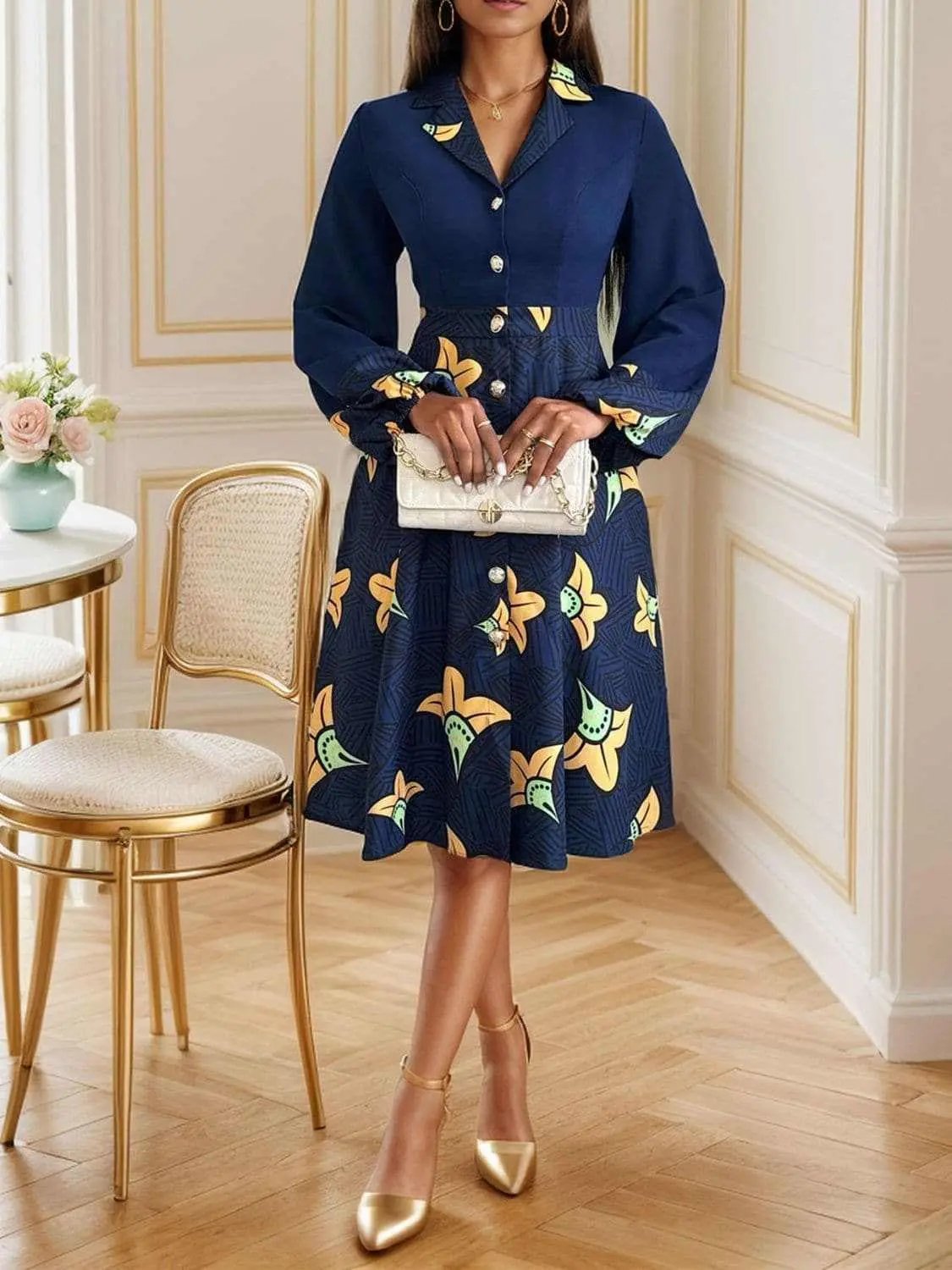 Collared Long Sleeve Dress by Trendsi - Dark Blue