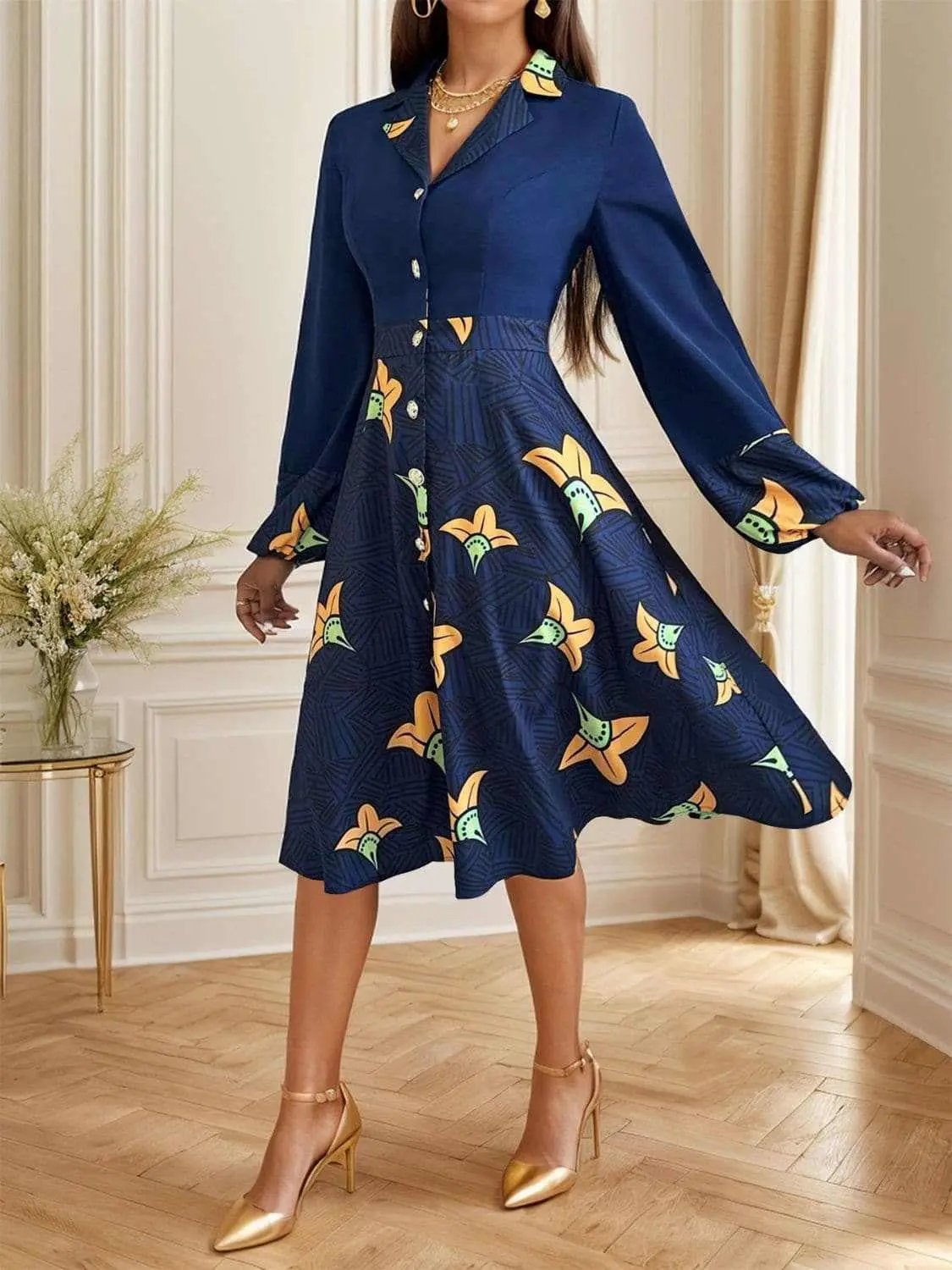 Collared Long Sleeve Dress by Trendsi - Dark Blue