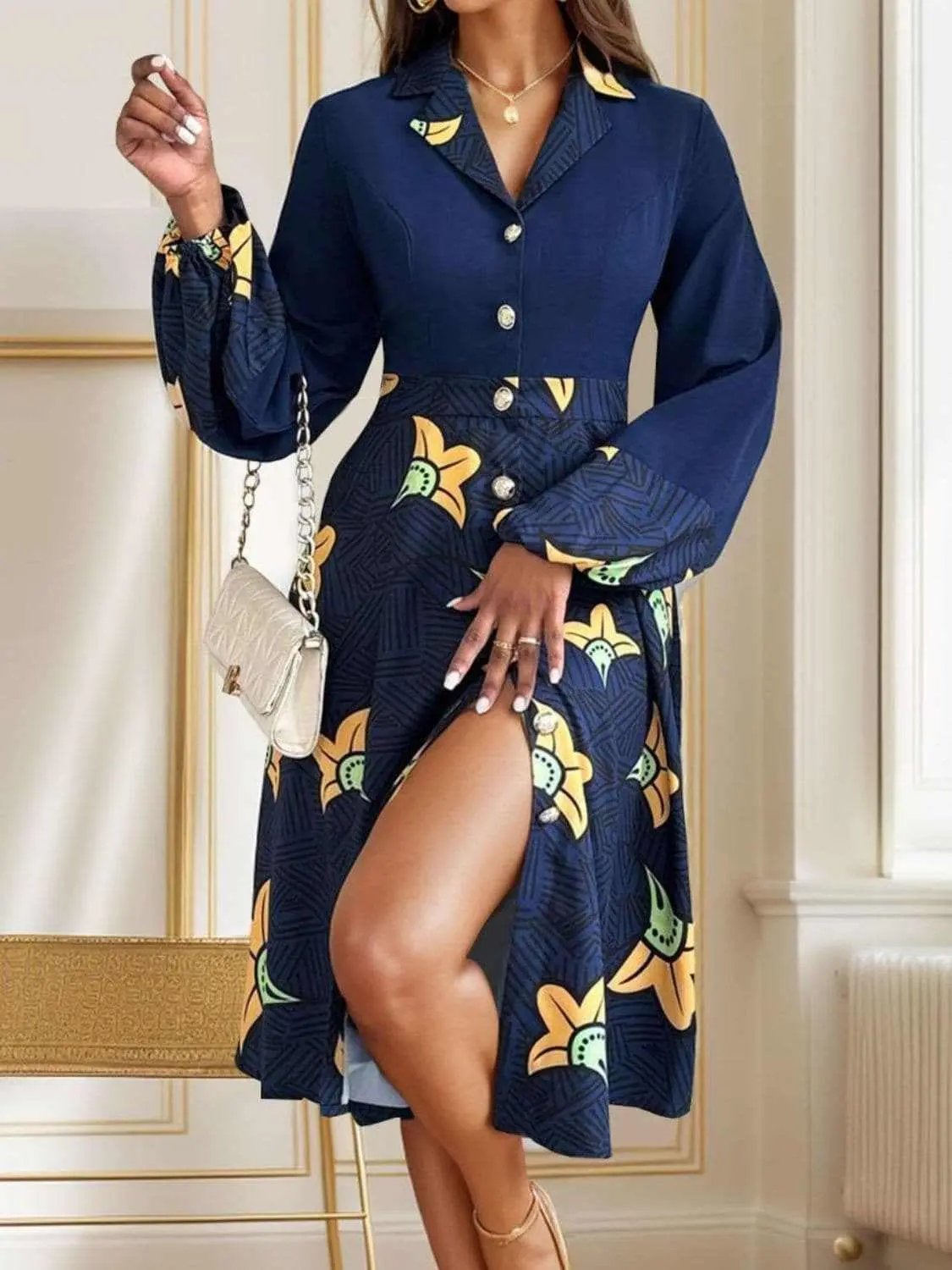 Collared Long Sleeve Dress by Trendsi - Dark Blue