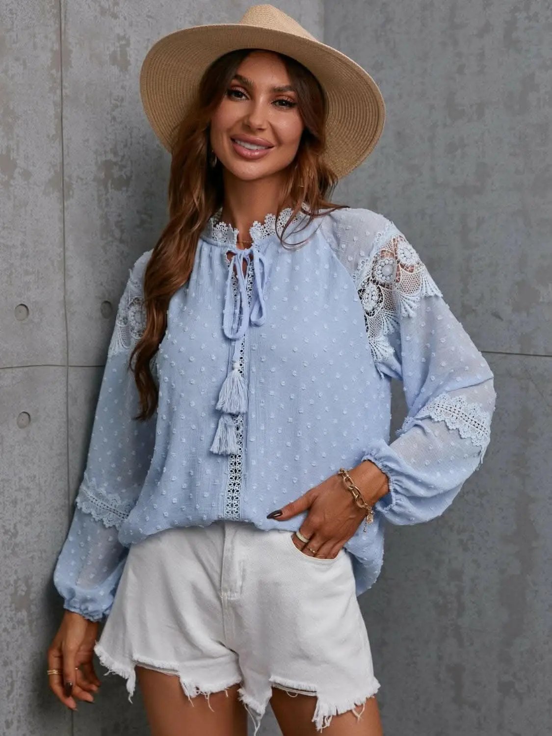 Trendsi Crochet Tie Neck Blouse Wine | Quality Top