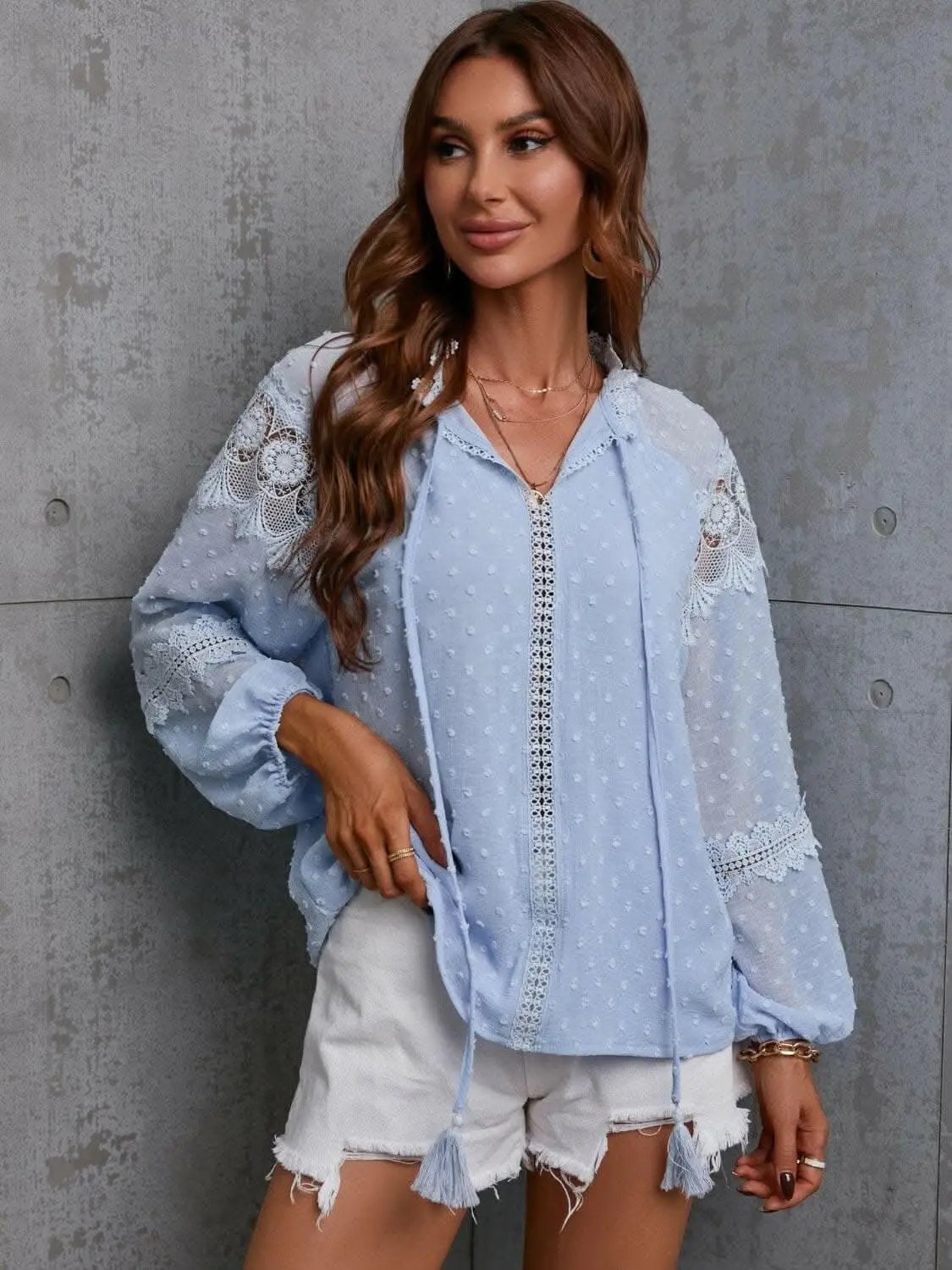 Trendsi Crochet Tie Neck Blouse Wine | Quality Top