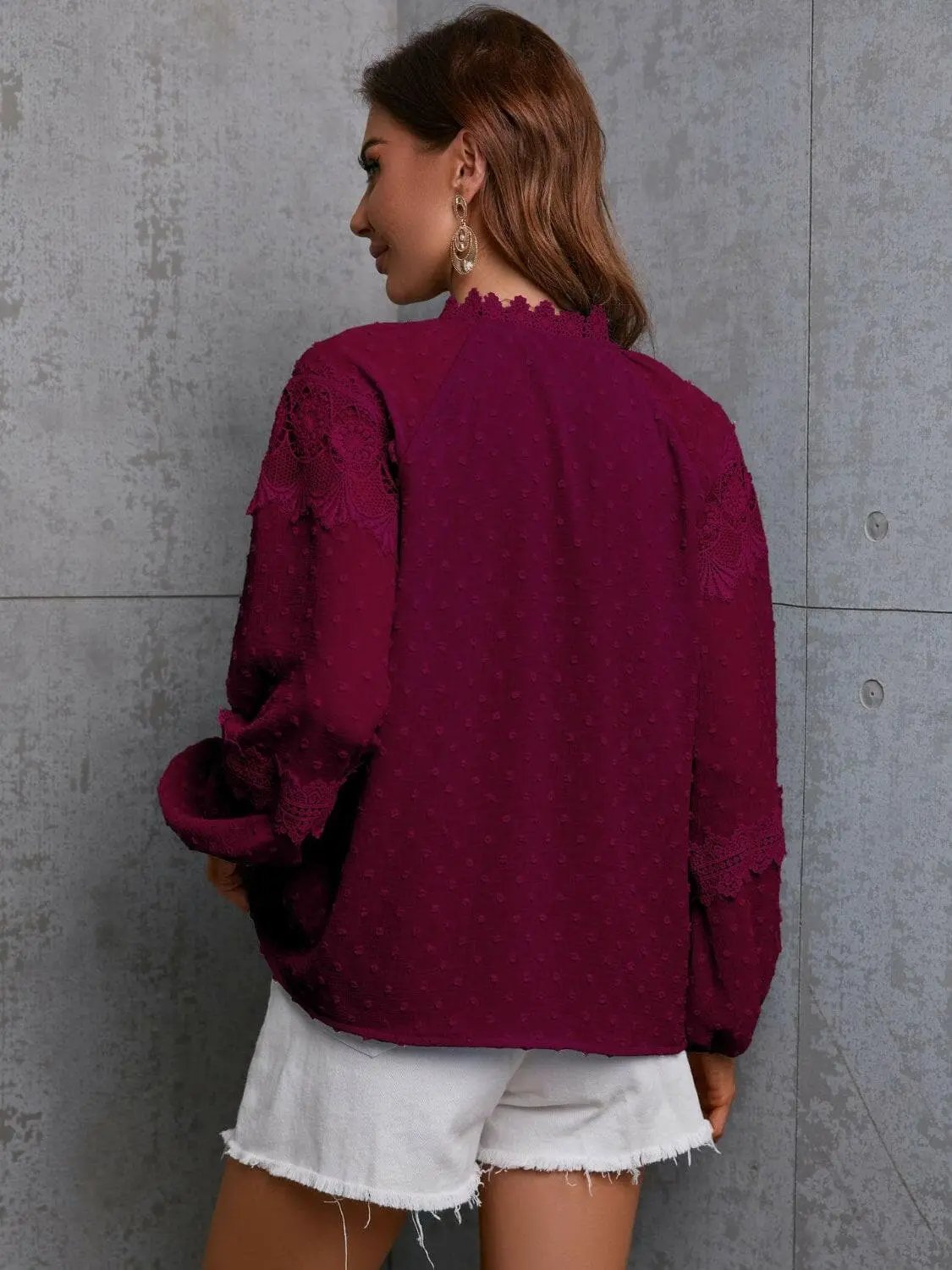 Trendsi Crochet Tie Neck Blouse Wine | Quality Top