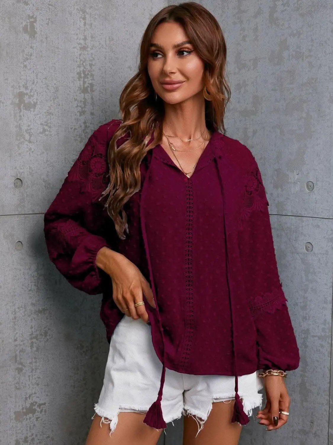 Trendsi Crochet Tie Neck Blouse Wine | Quality Top