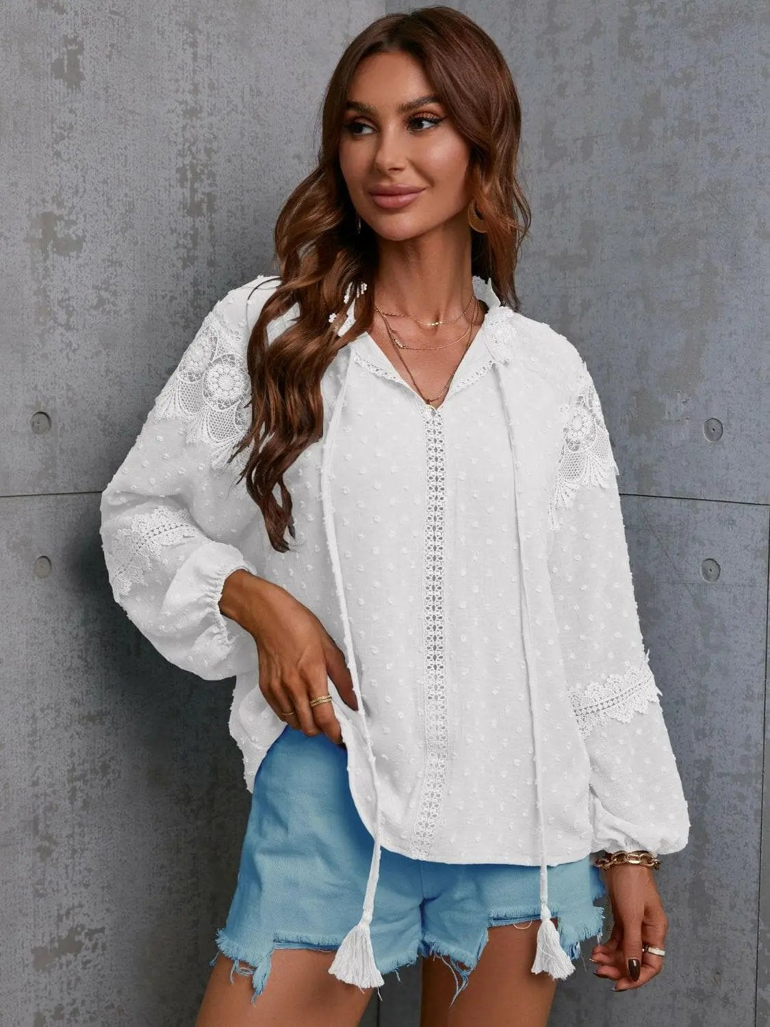 Trendsi Crochet Tie Neck Blouse Wine | Quality Top