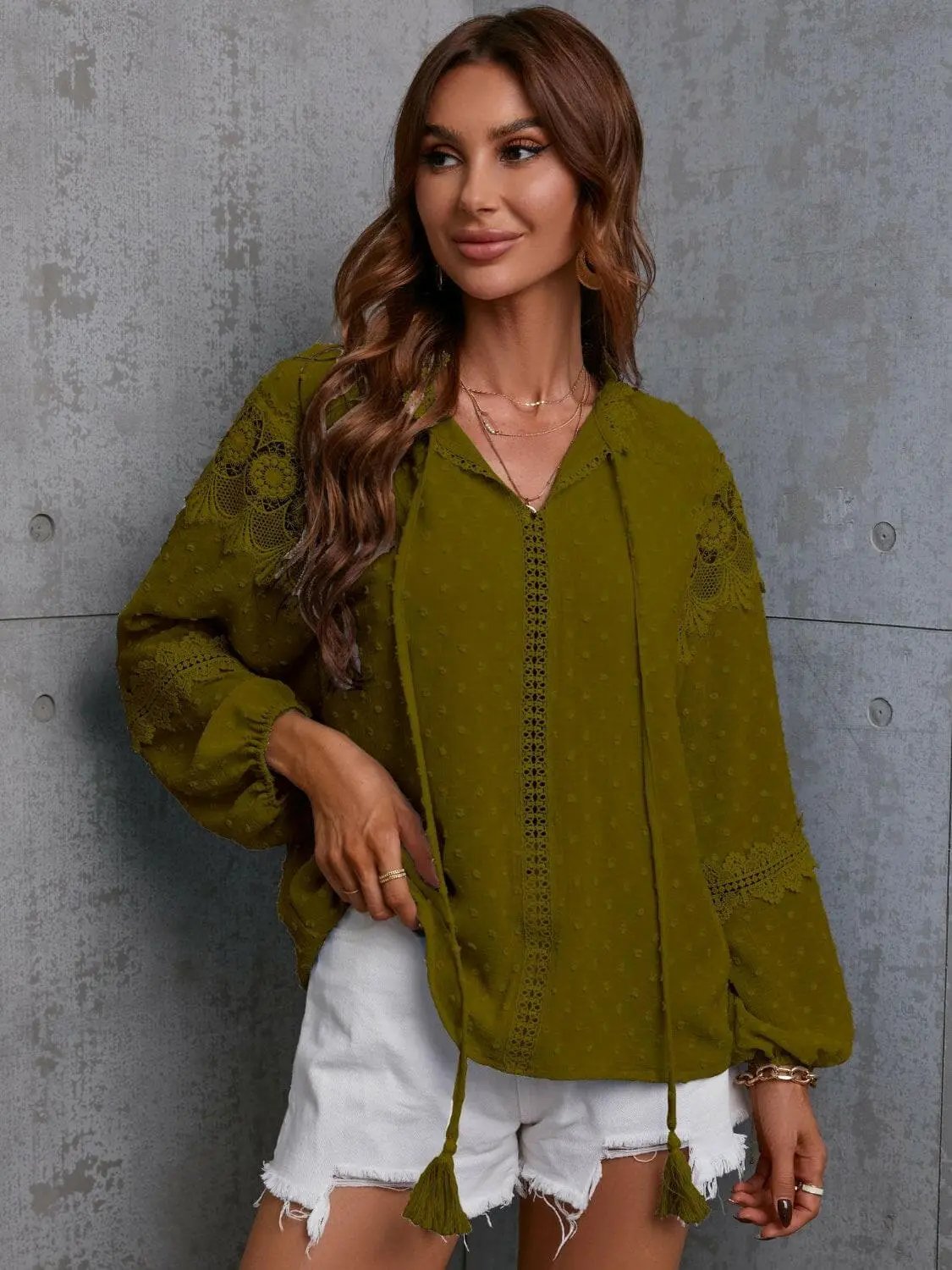 Trendsi Crochet Tie Neck Blouse Wine | Quality Top
