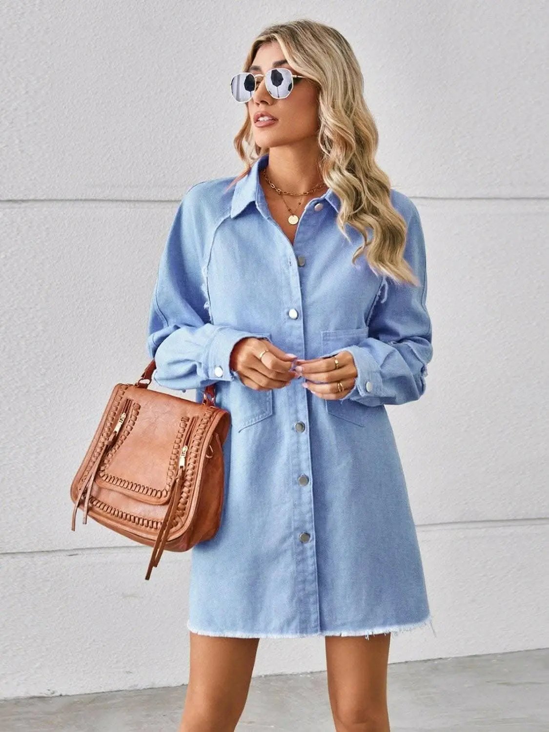Trendsi Denim Shirt Dress with Pockets - Button Front