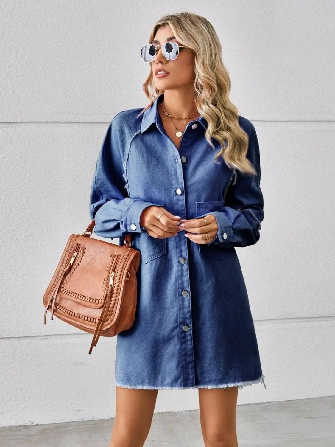 Trendsi Denim Shirt Dress with Pockets - Button Front