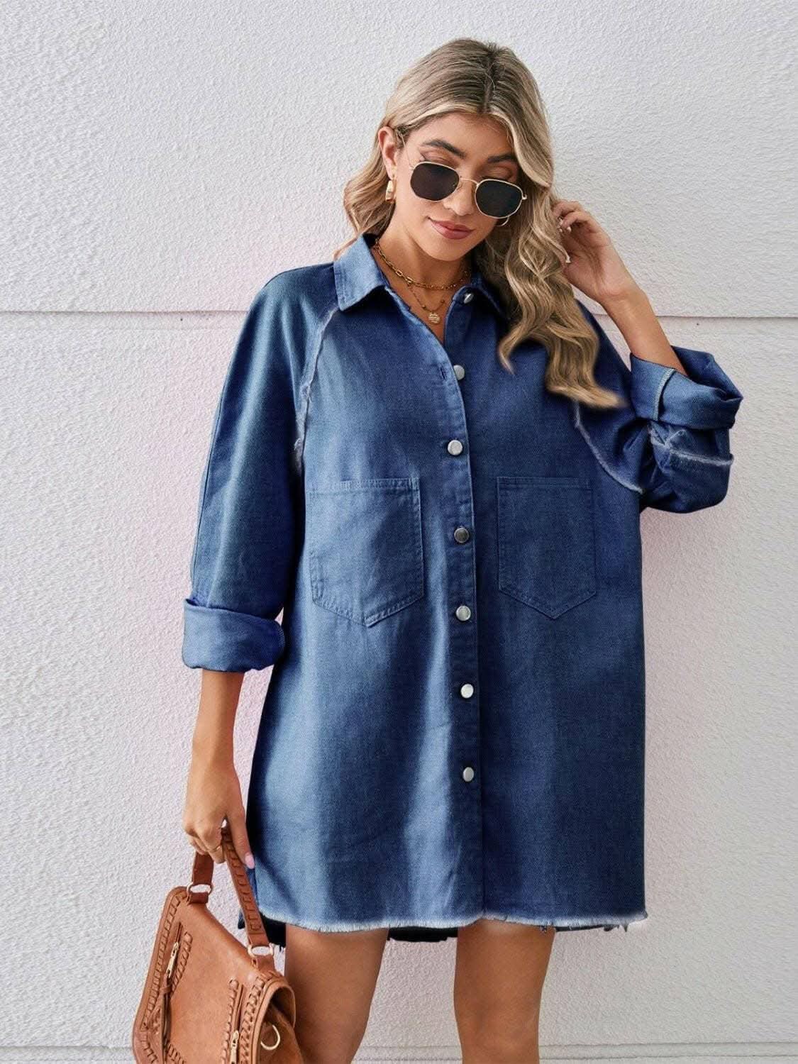 Trendsi Denim Shirt Dress with Pockets - Button Front