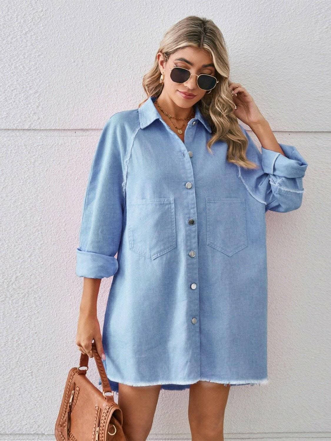 Trendsi Denim Shirt Dress with Pockets - Button Front