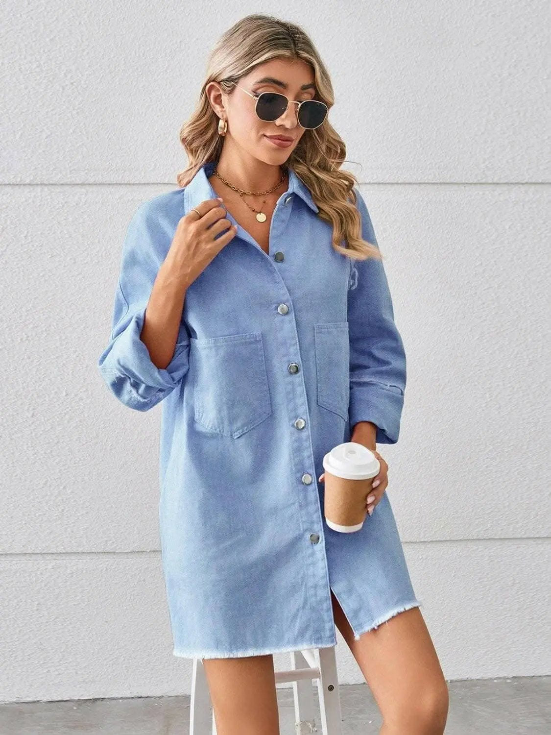 Trendsi Denim Shirt Dress with Pockets - Button Front