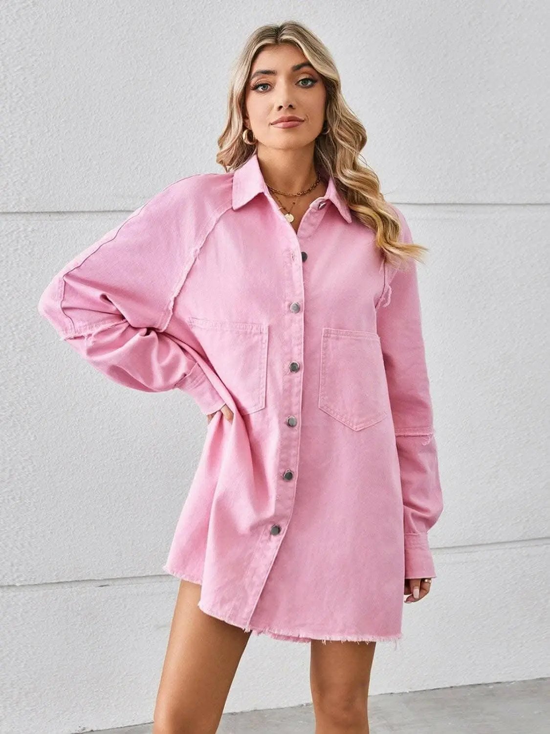 Trendsi Denim Shirt Dress with Pockets - Button Front