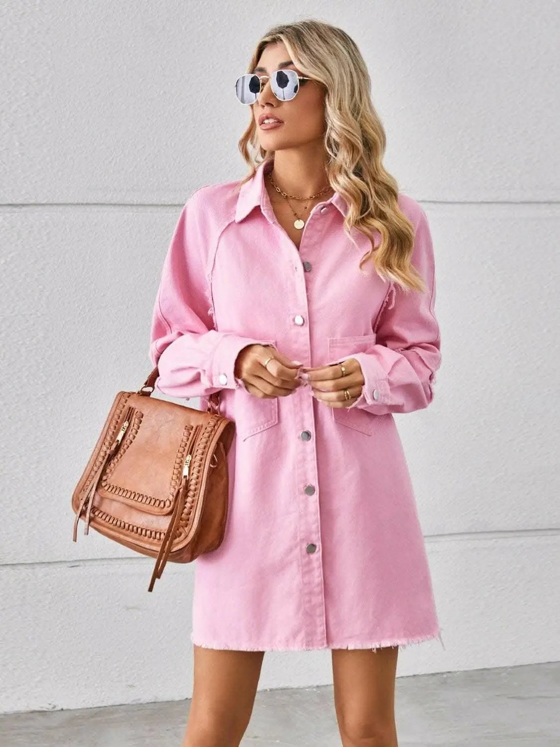 Trendsi Denim Shirt Dress with Pockets - Button Front